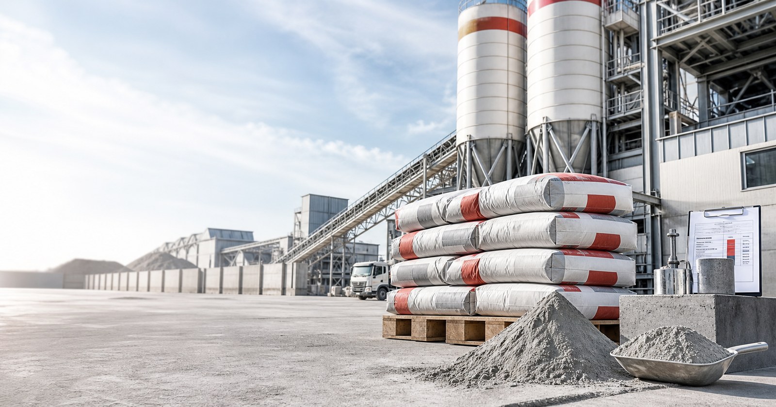 Modern dry mix mortar manufacturing plant with packaged mortar products