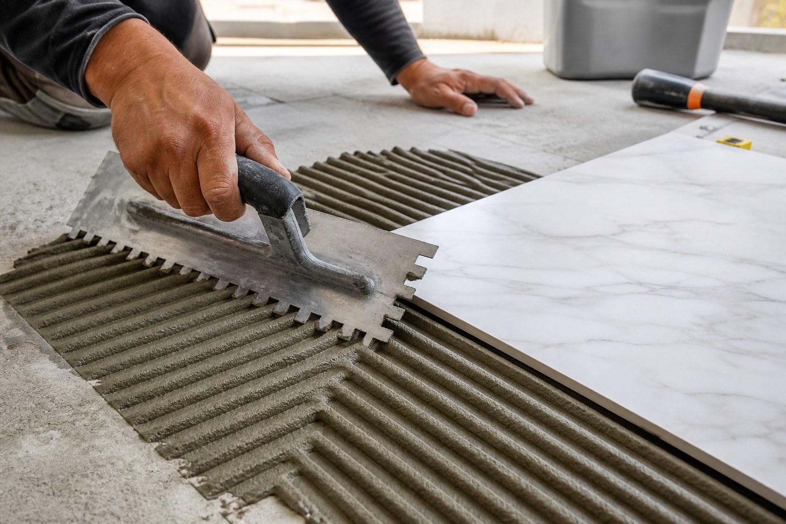 Tile and marble adhesive being applied with a notched trowel